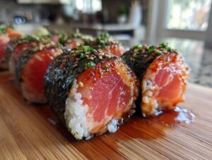 Spicy salmon sushi rolls